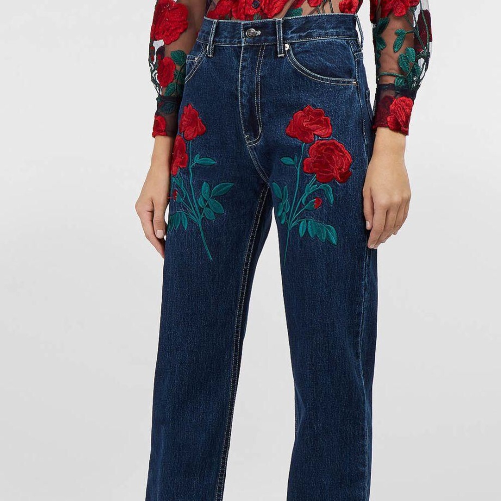 Adam Selman High Waisted Rose Embroidered Jeans
